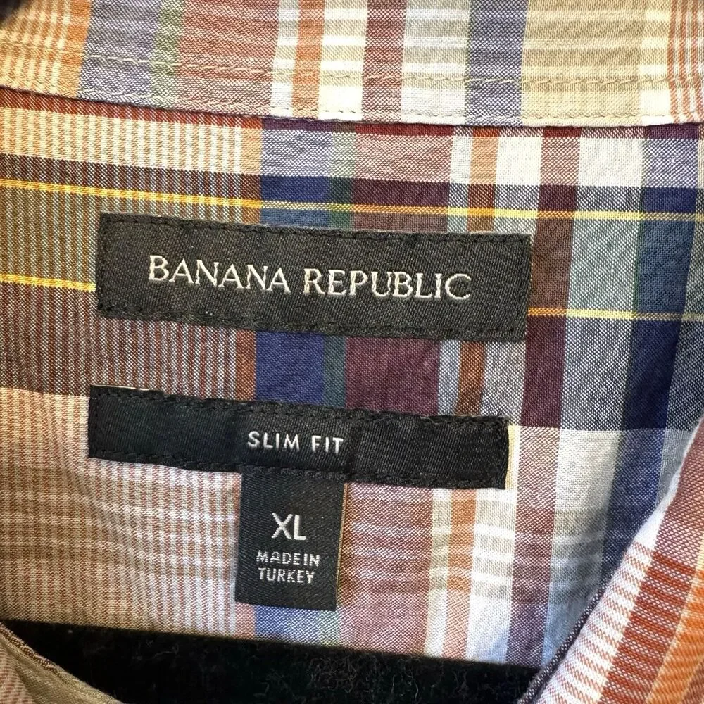 Banana Republic Shirt XL Button-Down 100% Cotton Slim‎ Fit Plaid Red Blue